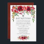 Invitación Marsala-Borgoña Floral Bat Mitzvah<br><div class="desc">Invitaciones de mitzvah de murciélago floral de color acuático con rosas y peonías rojas y rosadas de color burdeos.</div>