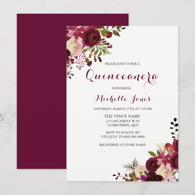 Invitación Marsala Borgoña Primavera Floral Roja Quinceanera (Anverso / Reverso)