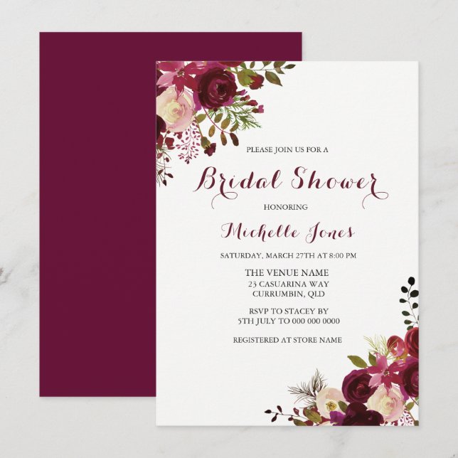 Invitación Marsala Borgoña Red Floral Primavera Bridal (Anverso / Reverso)