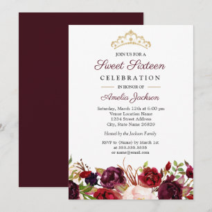 Invitación Marsala Borgoña Rojo Floral Dulce 16