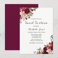Marsala Borgoña Rojo Floral Spring Sweet 16 Invite