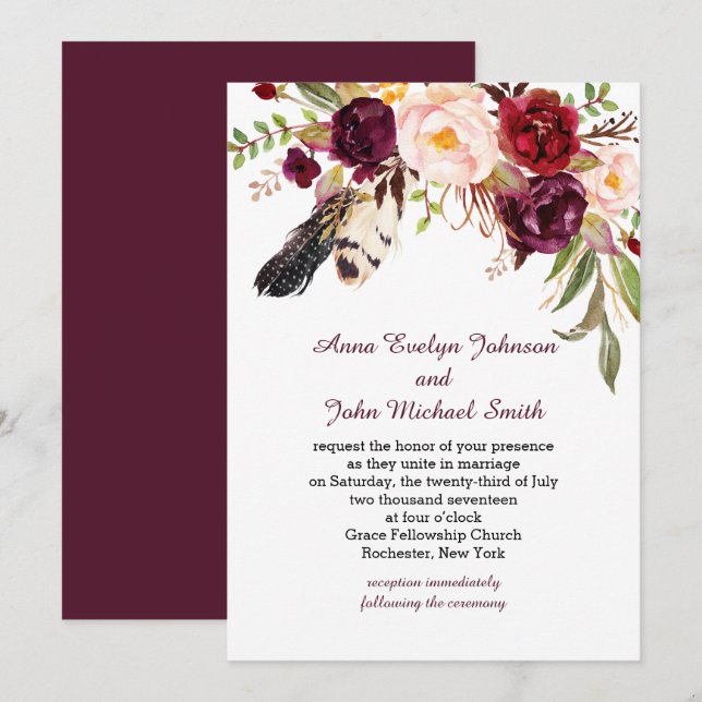 Invitación Marsala Borgoña Rosas Blancas Fethers Boho Boda (Anverso / Reverso)
