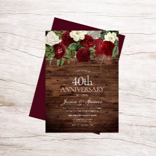 Invitación Marsala Borgoña Rústico Rosa Roja 40 Aniversario