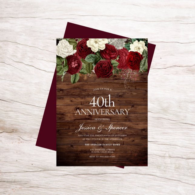 Invitación Marsala Borgoña Rústico Rosa Roja 40 Aniversario (Subido por el creador)