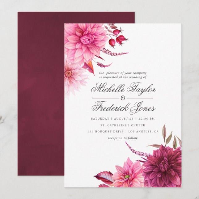 Invitación Marsala - Borgoña y Otoño Rosa Otoñal Boda (Anverso / Reverso)