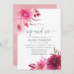 Invitación Marsala - Borgoña y Rubor Floral Sip y See