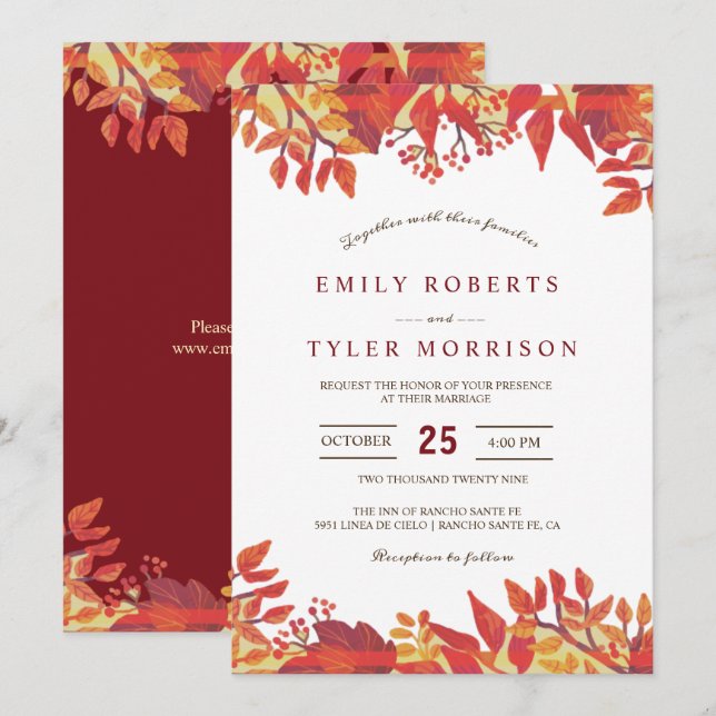 Invitación Marsala Brown Burgundy Floral Fall Wedding (Anverso / Reverso)