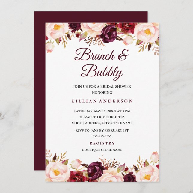 Invitación Marsala Brunch Floral Y Ducha De Novias Bubbly (Anverso / Reverso)