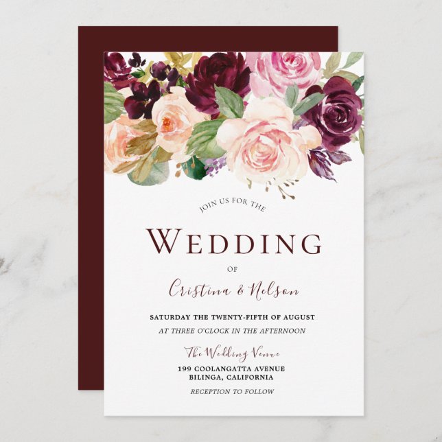Invitación Marsala Burgundy Boda Floral Tropical (Anverso / Reverso)