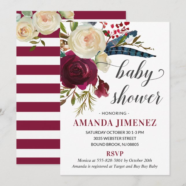 Invitación Marsala Burgundy Cae Sexo neutral de Baby Shower (Anverso / Reverso)