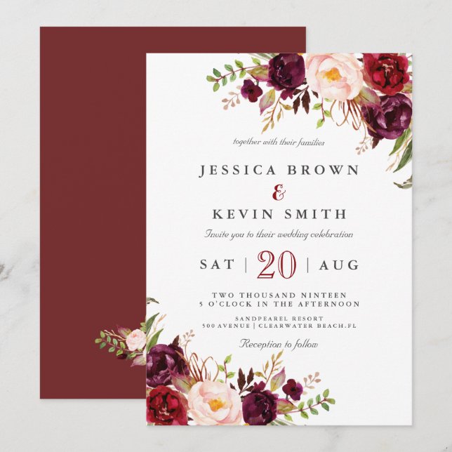 Invitación Marsala burgundy floral (Anverso / Reverso)