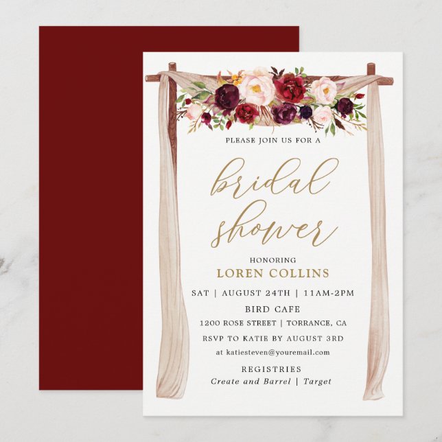 Invitación Marsala Burgundy Floral Arch Boho Bridal Shower (Anverso / Reverso)