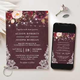 Invitación Marsala Burgundy Floral Lace String Lights Boda