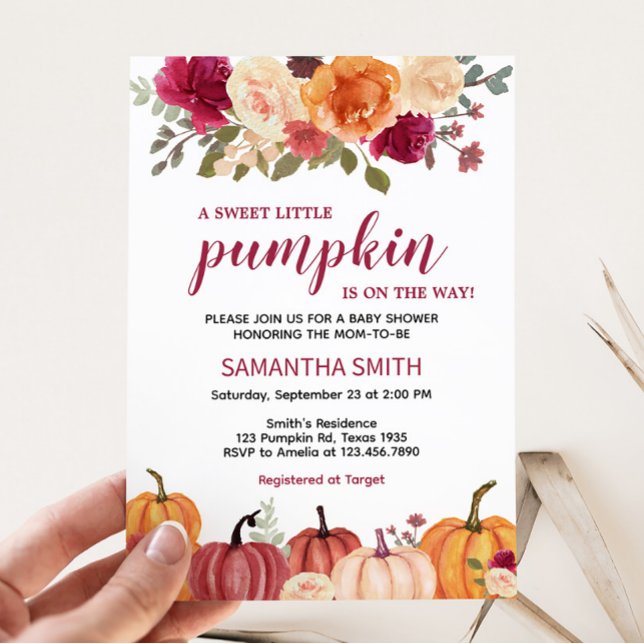 Invitación Marsala Burgundy Floral Pumpkin Baby Shower (Marsala Floral Pumpkin Baby Shower Invitation)