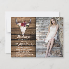 Invitación Marsala Burgundy Flowers Cow Skull Photo Sweet 16