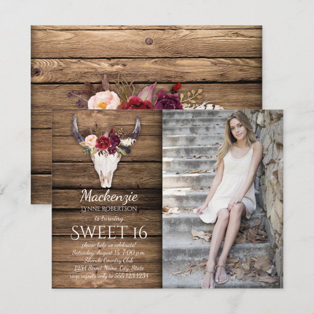 Invitación Marsala Burgundy Flowers Cow Skull Photo Sweet 16 (Anverso / Reverso)