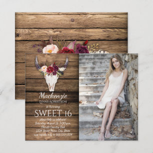 Invitación Marsala Burgundy Flowers Cow Skull Photo Sweet 16