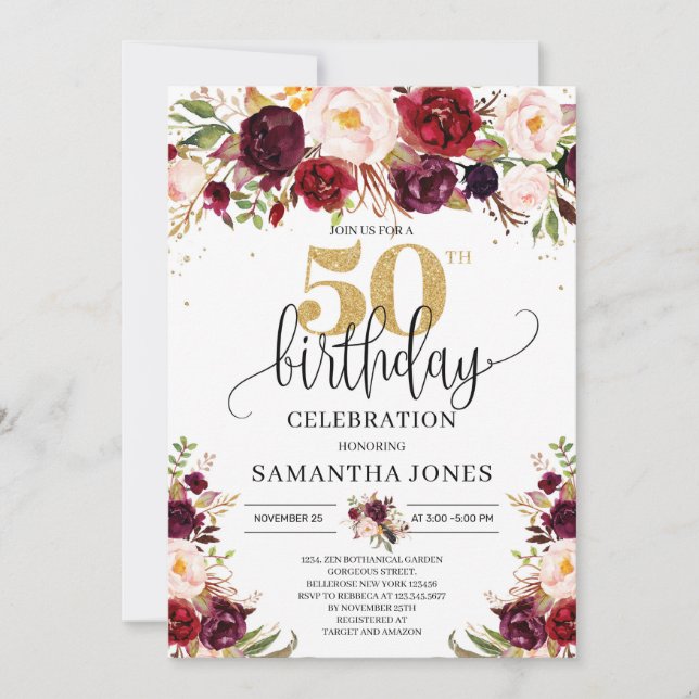 Invitación Marsala burgundy purpurina de oro floral 50 cumple (Anverso)