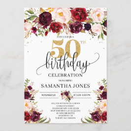 Invitación Marsala burgundy purpurina de oro floral 50 cumple