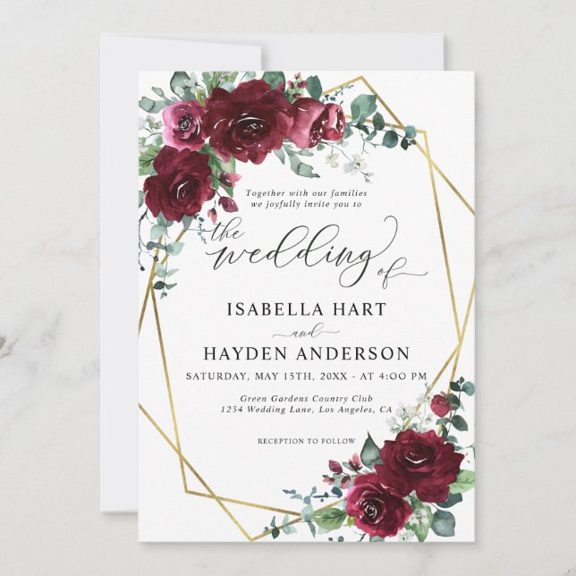 Invitación Marsala Burgundy Red Floral Gold Frame Boda (Anverso)