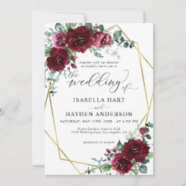 Invitación Marsala Burgundy Red Floral Gold Frame Boda