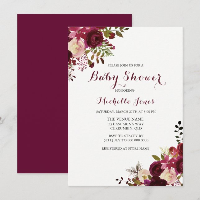 Invitación Marsala Burgundy Red Floral Spring Baby Shower (Anverso / Reverso)