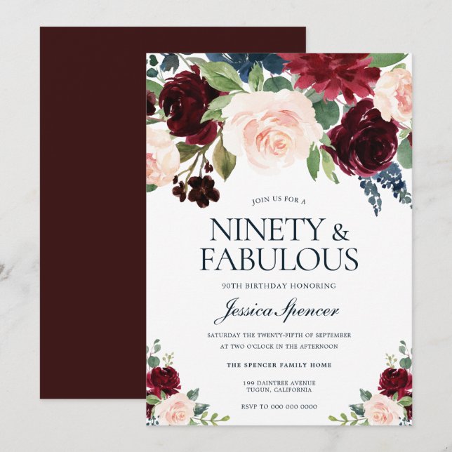 Invitación Marsala Burgundy Red Rubor Floral 90 cumpleaños (Anverso / Reverso)