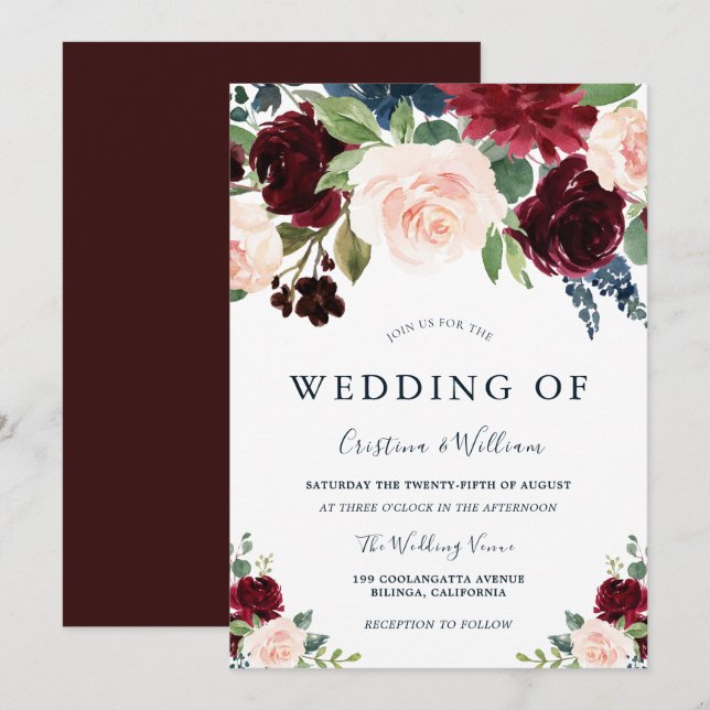 Invitación Marsala Burgundy Red & Rubor Floral Boda (Anverso / Reverso)