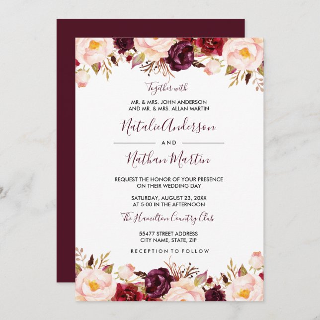 Invitación Marsala Burgundy Red Watercolor Floral Boda (Anverso / Reverso)