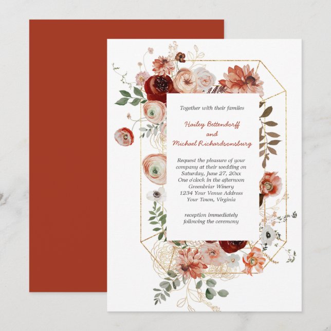 Invitación Marsala Burgundy Rubor Fall Floral Boda (Anverso / Reverso)