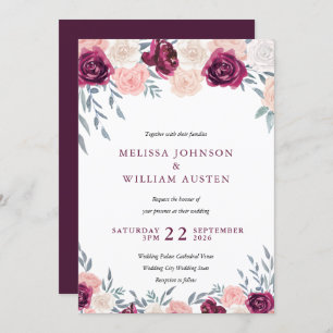 Invitación Marsala Burgundy Rubor Watercolor Floral Boda