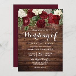 Invitación Marsala Burgundy Rústico Boda de Rosas Rojas
