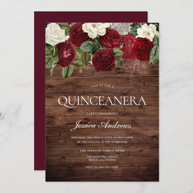 Invitación Marsala Burgundy Rústico Rojo Rosa Quinceanera Fie (Anverso / Reverso)