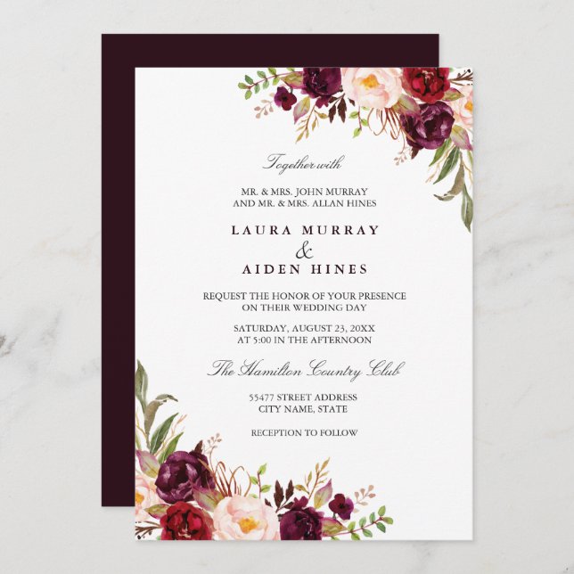 Invitación Marsala Burgundy Watercolor Boda Floral (Anverso / Reverso)