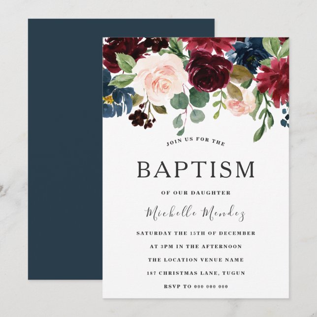 Invitación Marsala Burgundy Watercolor Flores Bautismo (Anverso / Reverso)