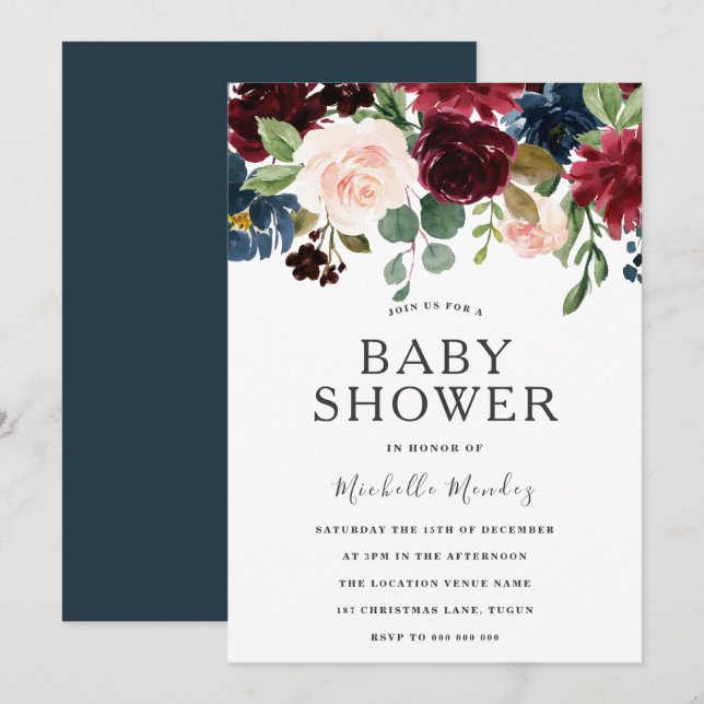 Invitación Marsala Burgundy Watercolor Flowers Baby Shower (Anverso / Reverso)