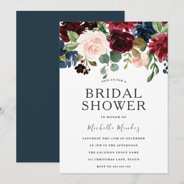 Invitación Marsala Burgundy Watercolor Flowers Bridal Shower (Anverso / Reverso)