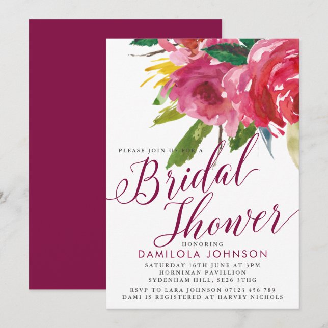 Invitación Marsala Cascade Floral Bridal Shower (Anverso / Reverso)
