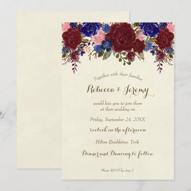 invitación marsala de boda naval floral moderna (Anverso / Reverso)