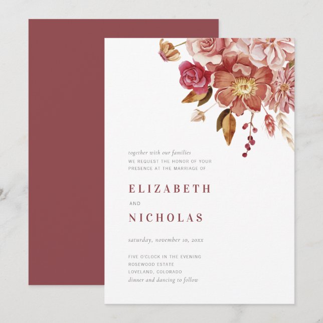Invitación Marsala Elegante Boda acuático floral (Anverso / Reverso)