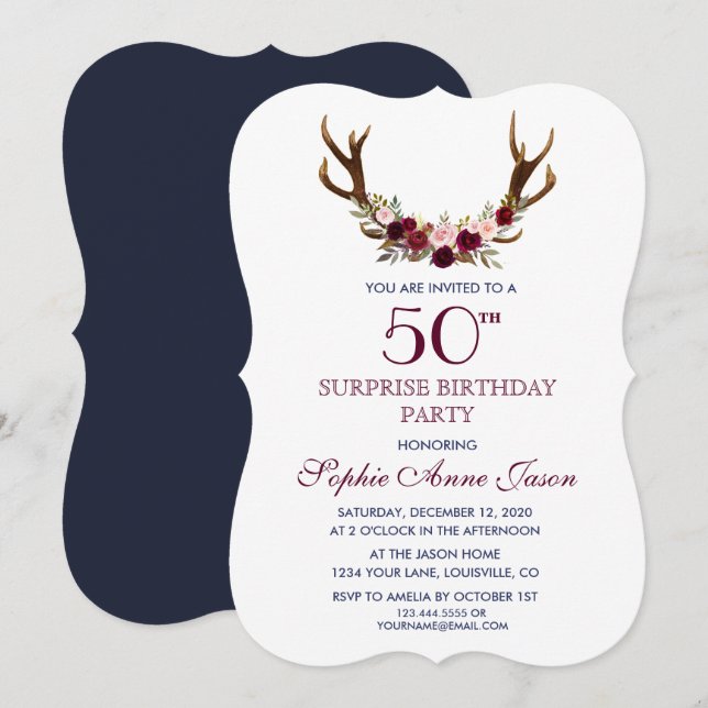 Invitación Marsala Floral Antlers Navy 50th Surprize Birthday (Anverso / Reverso)