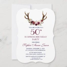 Invitación Marsala Floral Antlers Navy 50th Surprize Birthday
