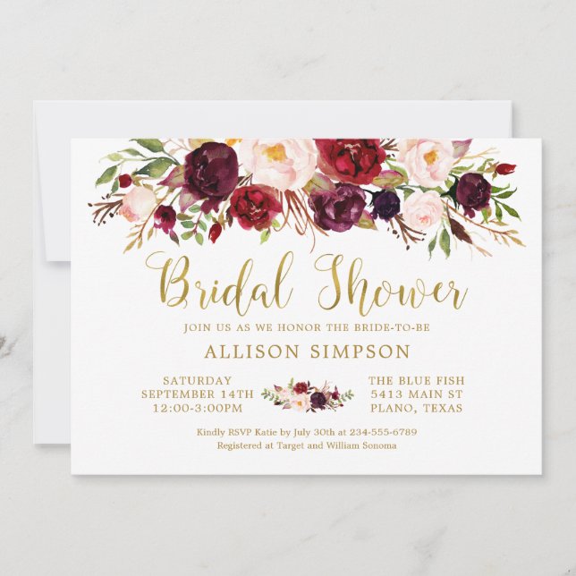 Invitación Marsala Floral Autumn Gold Bridal Shower Card (Anverso)
