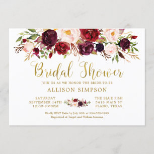 Invitación Marsala Floral Autumn Gold Bridal Shower Card