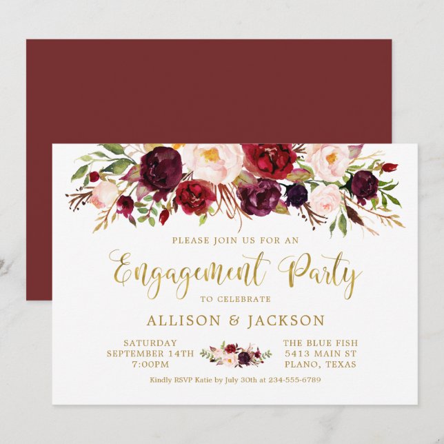 Invitación Marsala Floral Autumn Gold Engagement Party Card (Anverso / Reverso)