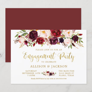 Invitación Marsala Floral Autumn Gold Engagement Party Card
