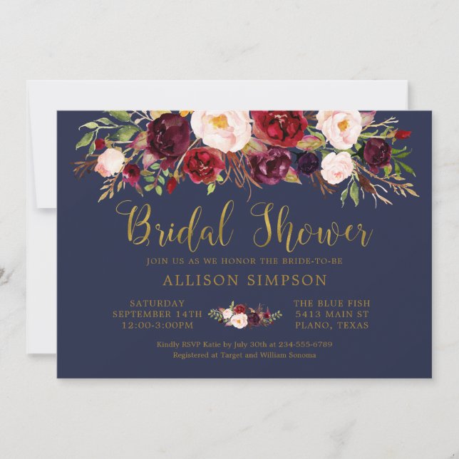 Invitación Marsala Floral Autumy Navy Bridal Shower Card (Anverso)