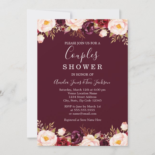 Invitación Marsala Floral Borgoña Boda Ducha Parejas (Anverso)