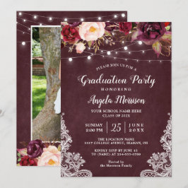 Invitación Marsala Floral Lace String Lights Photo Graduation