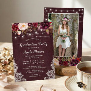 Invitación Marsala Floral Lace String Lights Photo Graduation